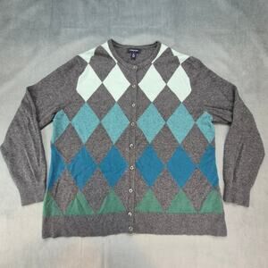Lands End Argyle Cashmere Cardigan Preppy Clueless Sweater Gray Teal White Sz XL